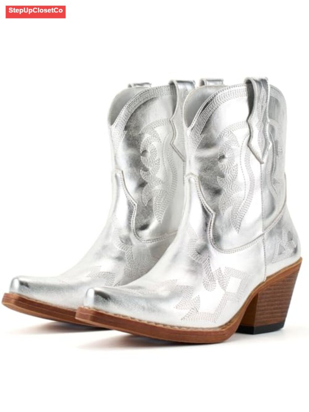 Western Cowboy Ankle Boots Embroidered Snip Toe Chunky Heel Synthetic
